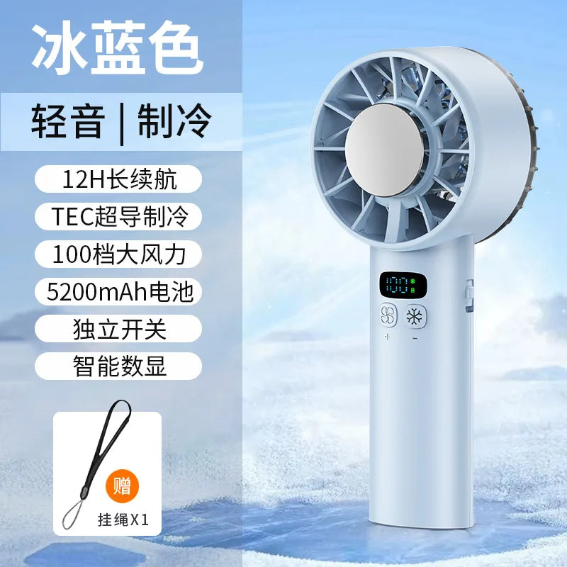 Outdoor Portable Mini Fan Handheld Fan with LED Display Semiconductor Refrigeration 100 Wind Speeds USB Rechargeable Battery Fan